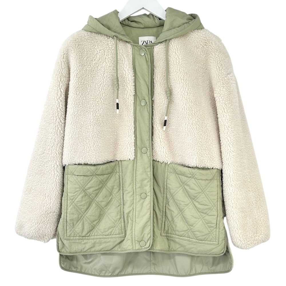 Zara Padded Cream White & Green Hooded Sherpa Fleece Button Up Jacket sz S - Picture 6 of 9